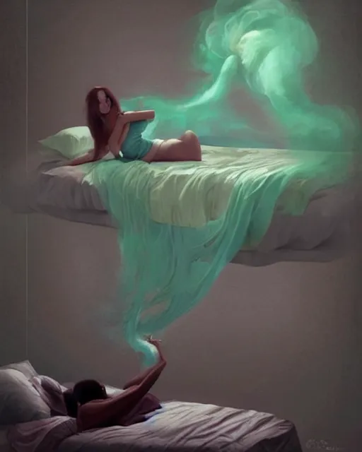 Image similar to a woman floating abover her bed at night, astral projection, green smoke! surreal concept art, lifelike, photorealistic, digital painting, aesthetic, smooth, sharp focus, artstation hd, artgerm and by greg rutkowski, bruce pennington, valentina remenar, rhads, asher duran,