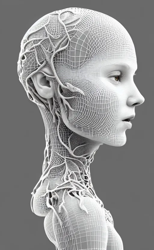 Prompt: complex 3d render ultra detailed of a beautiful porcelain profile woman face, hazel eyes, vegetal dragon cyborg, 150 mm, beautiful natural soft light, rim light, silver white details, roots, fine lace, maze like, mandelbot fractal, magnolia big yellow leaves and stems, anatomical, facial muscles, cable wires, microchip, elegant, white metallic armor, octane render, black and white, H.R. Giger style