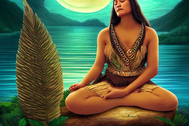 Image similar to polynesian sleeping sitting goddess, photo lemurian night, detailed soft digital fantasy art