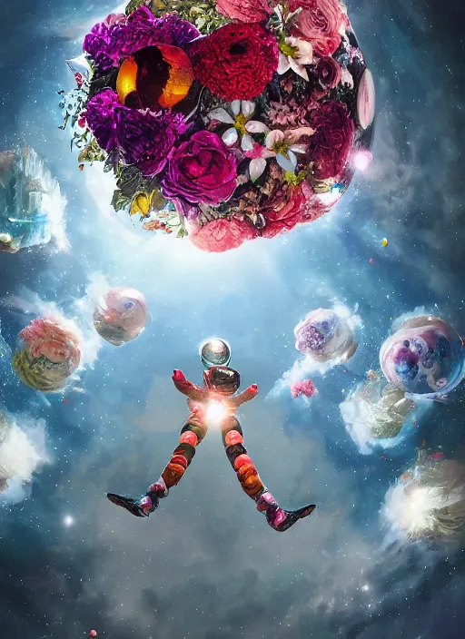 Image similar to An epic fantastic realism comic book style painting of the most beautiful flowers launched into space, perfect shiny silver iridescent spheres, bouquets, fisheye lens, unreal 5, DAZ, hyperrealistic, octane render, dynamic lighting