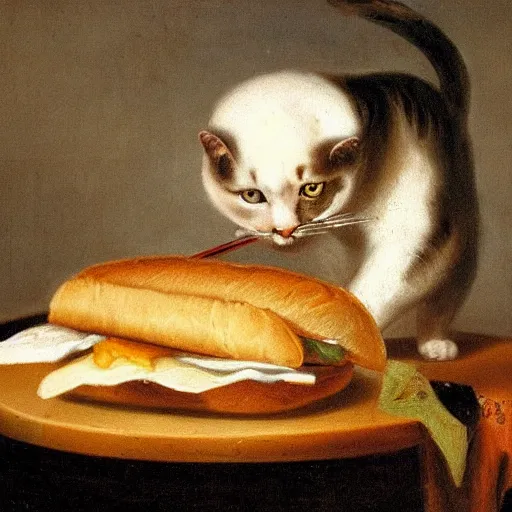 Prompt: A oil painting of a cat eating a sandwich by Rembrant