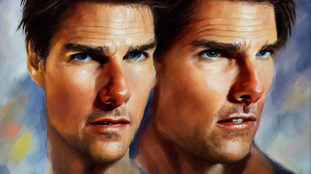 Prompt: The most beautiful portrait of Tom Cruise in the world; trending on artstation; oil on canvas; extraordinary masterpiece!!!!!!; 8k