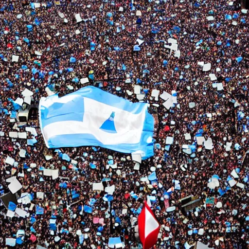 Image similar to Lady Gaga as president, Argentina presidential rally, Argentine flags behind, bokeh, giving a speech, detailed face, Argentina