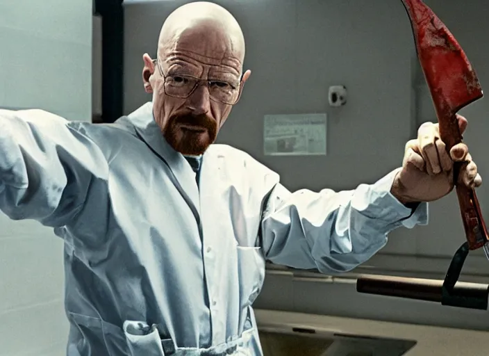Prompt: film still of Walter White as Gordan Freeman holding a crowbar in the Half Life Movie, 4k