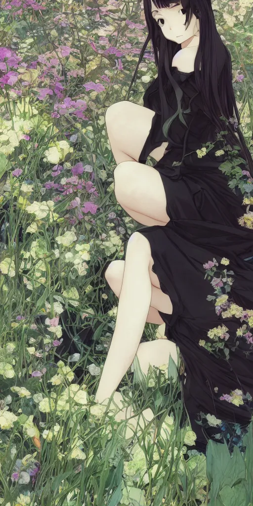 Prompt: a loli with long hair in a black dress in the privet garden at after noon, green and warm theme, back lighting, by krenz cushart and mucha and akihito yoshida and greg rutkowski and makoto shinkai, extremely long shot, detailed eyes, 4 k resolution, highly detailed, trending on art station