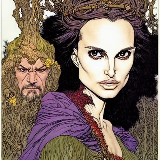Image similar to a realistic portrait of natalie portman as a druidic wizard looking at the camera with an intelligent but seductive gaze by rebecca guay, michael kaluta, charles vess and jean moebius giraud