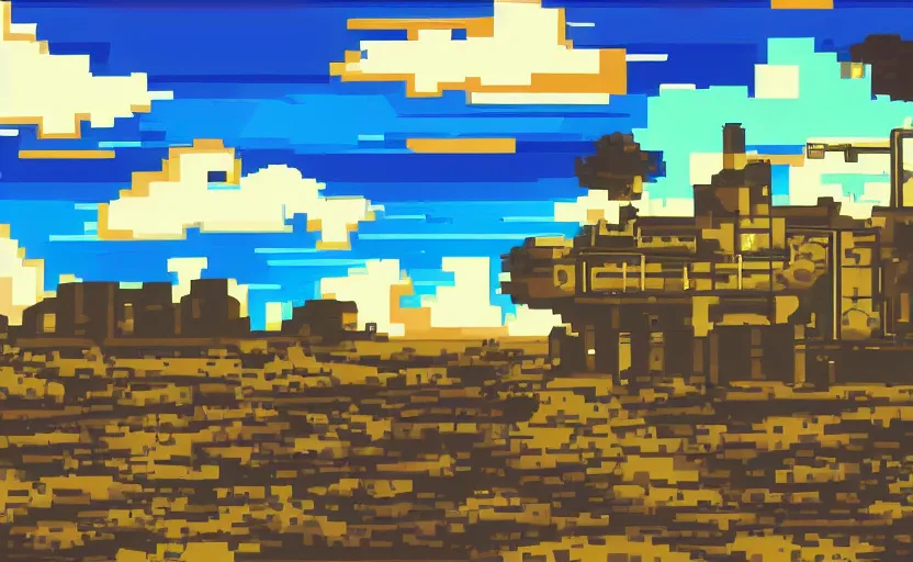 Prompt: 2D post-industrial landscape with distorted clouds, 8 bits graphics, flat, SNES game, crushed quality, low contrast, low light, color gradient, heavy color compression filter,