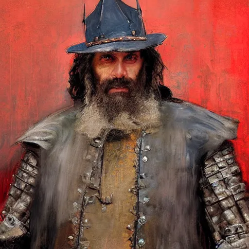 Image similar to Solomon Joseph Solomon and Richard Schmid and Jeremy Lipking victorian genre painting portrait painting of a old rugged movie actor medieval knight character in fantasy costume, red background