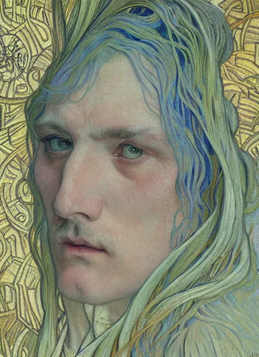 Prompt: detailed realistic beautiful young karl gustav jung face portrait by jean delville, alphonse mucha, vincent van gogh, and marco mazzoni, art nouveau, symbolist, visionary, gothic, pre - raphaelite