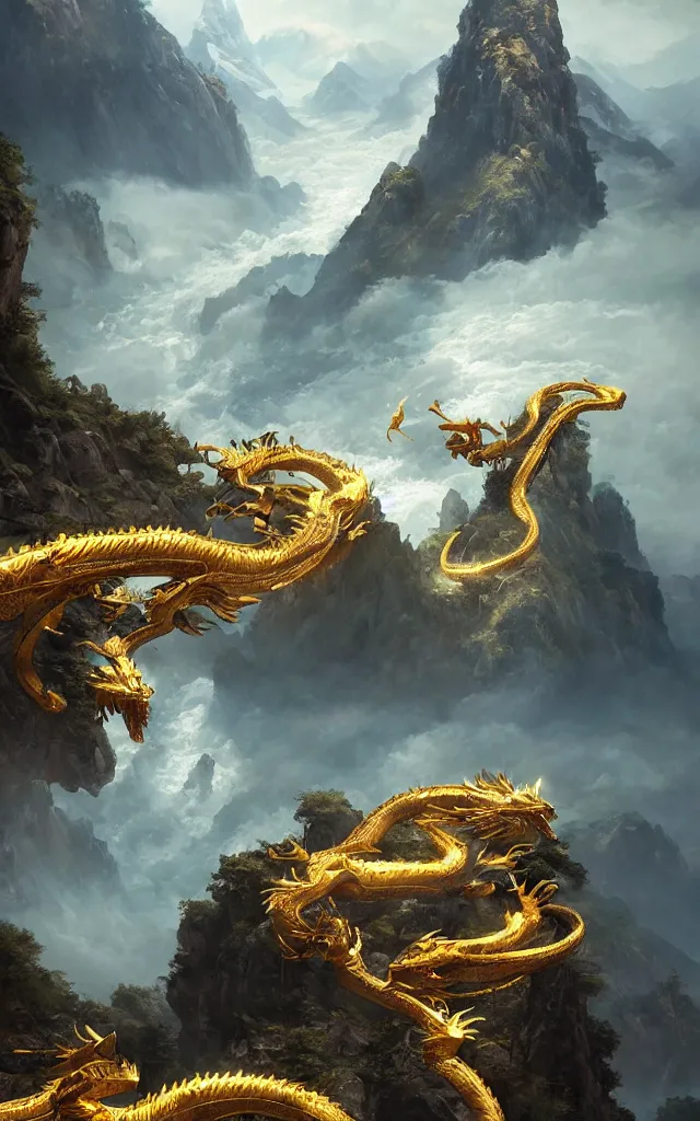 Image similar to high mountains and flowing water, stunning golden chinese dragon hovering, majestic and shocking scenes, thunder, magnificent fantasy scenes, the light of tyndall, james gurney, greg rutkowski, unreal engine, art station