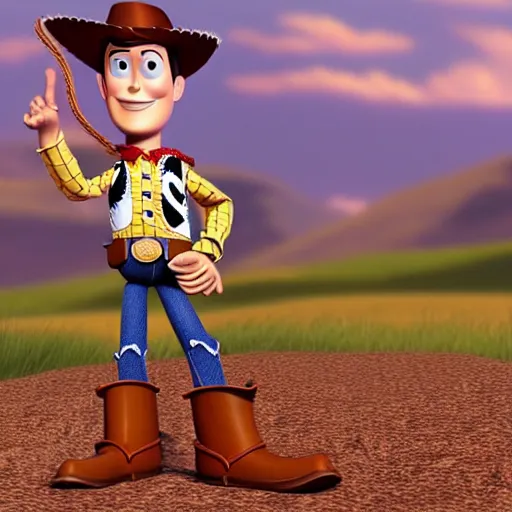 Image similar to ocatne render of Woody from toy story with a snake in his boot