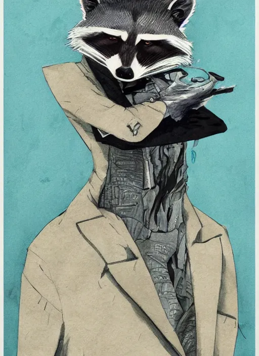 Image similar to a dramatic gouache portrait of an anthropomorphic raccoon mob boss, by posuka demizu, by stephen gammell, by victo ngai, by george ault, in the style of mafia, artstation