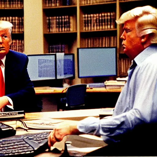 Prompt: candid color photo of Donald Trump sitting at a bank of very complicated, 1970's looking computers (designed by gucci ) working through the night in his theoretical physics lab with his old nemesis george lucas. They are both frustrated at not having cracked the theorem. photo by annie leibowitz