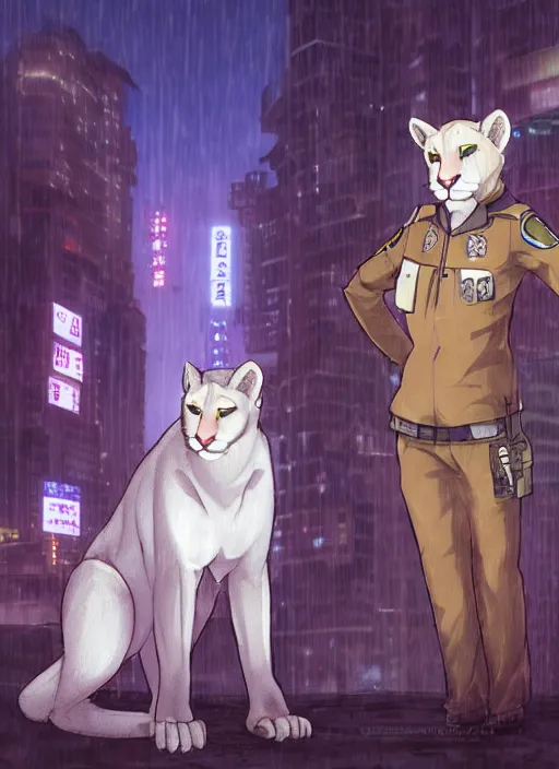 Image similar to character portrait of a male anthro albino mountain lion fursona with a tail and a cute beautiful attractive furry face wearing a police uniform in a cyberpunk city at night while it rains. hidari, color page, tankoban, 4K, tone mapping, Akihiko Yoshida.