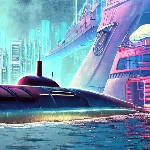 Prompt: cyberpunk submarine near a dock, digital art, painterly style, epic composition, hd, 4 k, professional, intricate detail