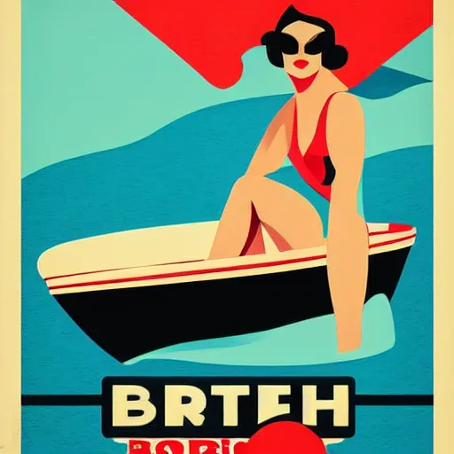 Prompt: retro poster with a painting of a woman in a bathing suit sitting on a boat, an art deco painting by tom whalen, trending on behance, art deco, digital illustration, storybook illustration, art deco, flat shading, vector art, airbrush