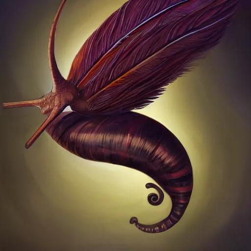 Prompt: snail with wings and feathers, oil painting, artstation, dramatic lighting, symmetry, beautiful