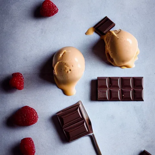 Prompt: extremely delicious looking photo of ice cream dessert, very expensive, top quality product, most perfect chocolate on the world, small manufacture, unique style, 8 k, product photography, professional studio photography