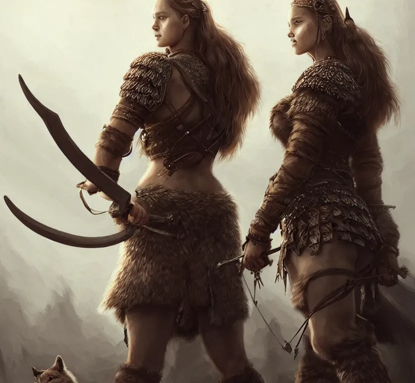 Prompt: a gorgeous!! woman resembling alicia vikander as a viking warrior accompanied by a dire wolf | drawn by wlop, drawn by jeehyung lee, drawn by argerm | intricate, highly detailed, ultra graphics, digital painting, artstation