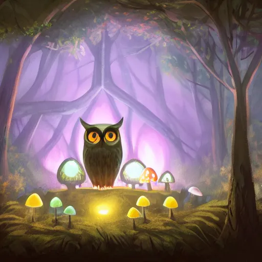 Prompt: A group of friends in a dark forest at night, surrounded by luminescent mushrooms, with a giant owl in the background, digital painting, concept art, artstation, 4k