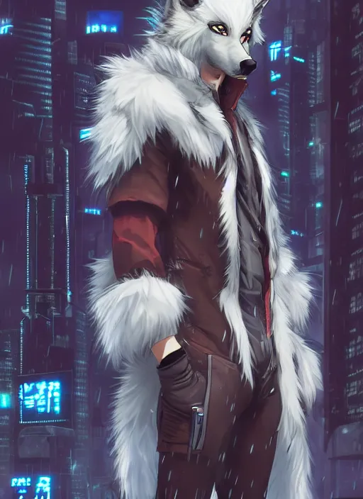 Prompt: character portrait of a male anthro wolf fursona with white fur, a tail and a cute beautiful attractive furry face wearing stylish cyberpunk clothes in a cyberpunk city at night while it rains. hidari, color page, tankoban, 4K, tone mapping, Akihiko Yoshida.