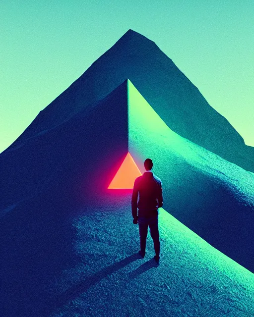 Image similar to a man standing in the middle of a mountain with a glowy triangle, a render by filip hodas, behance contest winner, environmental art, rendered in cinema 4 d, volumetric lighting