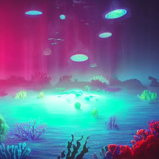 Prompt: an underwater alien ocean, filled with bioluminescence, twirling glowing sea plants, neon colors, and a mystical misty glow, ethereal, detailed
