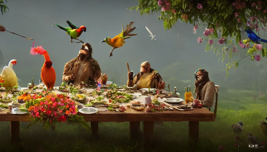 Image similar to a table dinner of exotic birds where birds are dressed like the characters from the midsommar movie wearing flowers, realistic detailed digital art by maxwell boas jessica rossier christian dimitrov anton fadeev trending on artstation cgsociety rendered in unreal engine 4 k hq