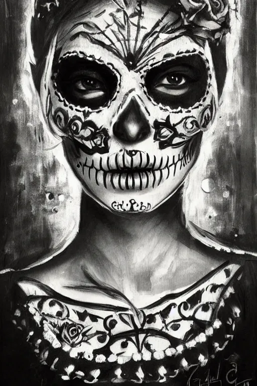 Prompt: Illustration of a sugar skull day of the dead girl, art by Guy Denning