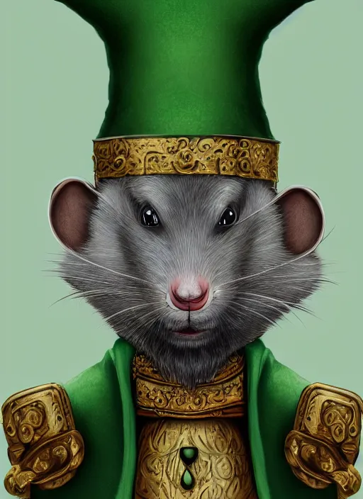 Prompt: portrait picture of a gray anthropomorphic rat with beard and jewelry, green eyes, tricorne hat, green robe, D&D, digital art