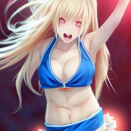 Prompt: a very beautiful young anime basketball girl crying, full body, long wavy blond hair, sky blue eyes, full round face, evil grin, bikini, miniskirt, front view, mid - shot, highly detailed, cinematic wallpaper by stanley artgerm lau