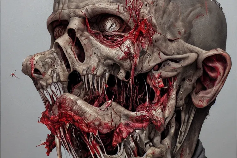 Image similar to Derek Riggs painting of a horrifying zombie, hyperrealistic, hyper detailed, heavy metal, creepy, unsettling, trending on Artstation