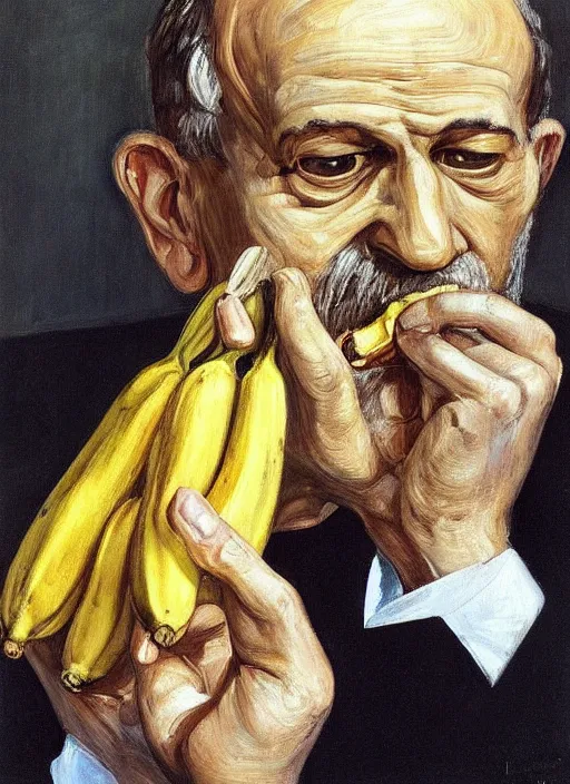 Prompt: “portrait of sigmund Freud eating a banana, by lucian freud, Freudian, fleshy, visible brush strokes, in oil”