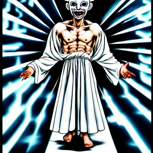 Image similar to A man wearing white robes with a crazyGreek theater mask, white robes, crazy mask, theater mask, greek mask, ancient greece, crazy, muscular figure, manga art, manga, Junji Ito, Junji Ito artwork, Ito Junji art, 4k