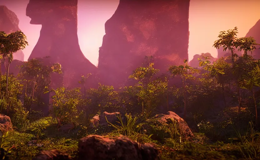 Image similar to a crystal tetrahedron!!! in the middle of ancient ruins in a lush prehistoric jungle, inside a humongous cave, red and magenta flowers, sunset, godrays, orange and blue sky, haze, volumetric lighting, a high - quality render, photorealistic, unreal engine 5