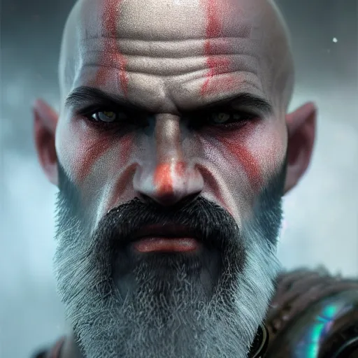 Image similar to portrait of kratos, intricate artwork, concept art, octane render, deviantart, cinematic, key art, hyperrealism, iridescent accents, portrait photograph, nikon 3 5 mm, photograph by greg rutkowski