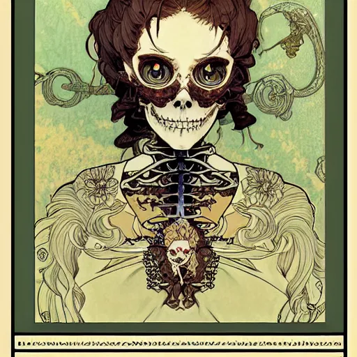 Prompt: anime manga skull portrait girl female skeleton illustration intricate detail patterns art Geof Darrow and Ashley wood and Ilya repin and alphonse mucha pop art nouveau