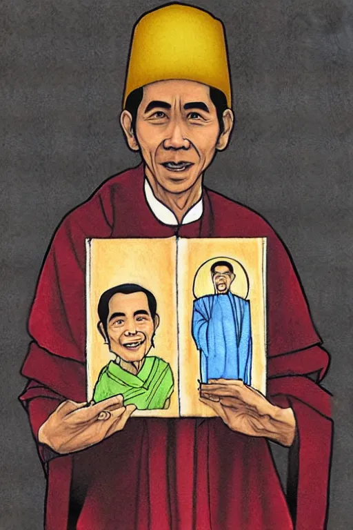 Image similar to saint jokowi with undang undang book in his hand, sketch and art by jacqueline e, color by bo feng lin