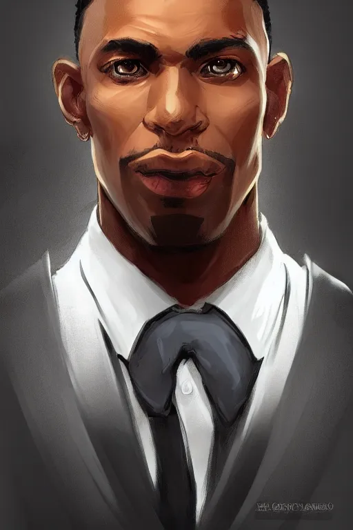 Image similar to detailed digital painting of handsome black man in corporate attire with short natural mohawk, fanart behance trending on artstation, concept art, matte, sharp focus, illustration, super hero pose, hearthstone, art by artgerm and greg rutkowski and alphonse mucha