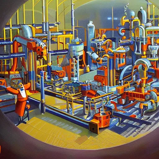 Prompt: a futuristic factory with pipes and robotic machinery make toys, in the style of salvador dahli, painting,