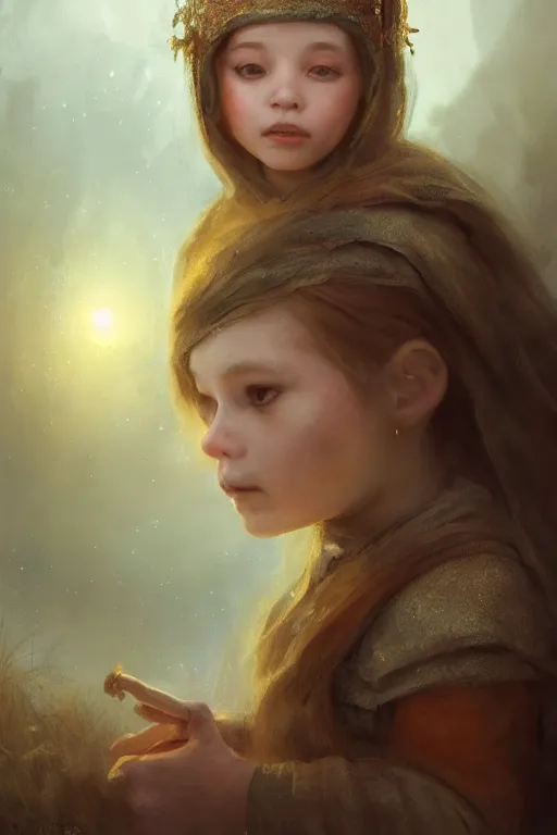 Image similar to medieval little girl, joyful, hope, dreaming, close - up portrait, intricate, elegant, volumetric lighting, scenery, digital painting, highly detailed, artstation, sharp focus, illustration, concept art, ruan jia, steve mccurry