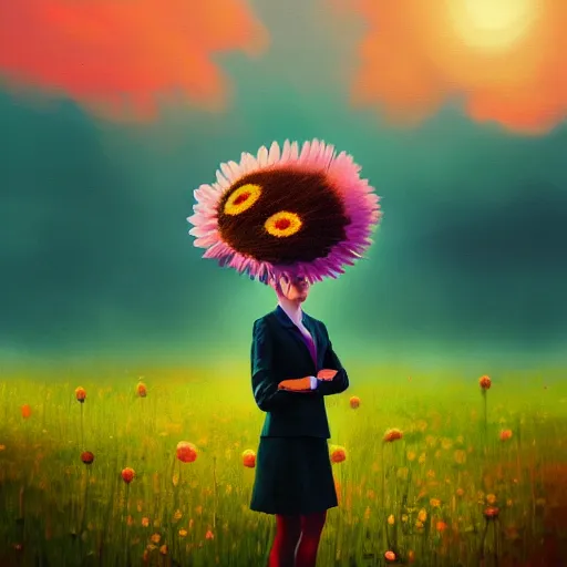 Image similar to enlarged daisy flower head, frontal, girl in a suit, surreal photography, sunrise, dramatic light, impressionist painting, digital painting, artstation, simon stalenhag