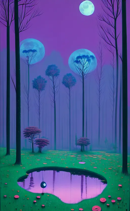 Image similar to ( ( ( gediminas pranckevicius ) ) ), a pond in the forest, moonlight, flower garden summer morning, very coherent and colorful high contrast art by simon stalenhag james gilleard floralpunk screen printing woodblock, dark shadows, pastel color, hard lighting