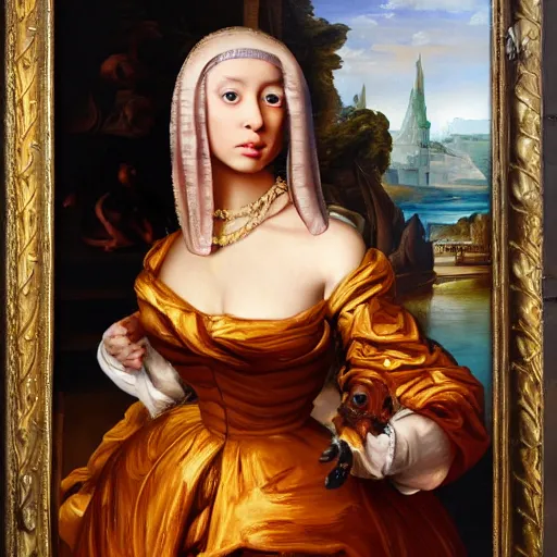 Image similar to nicki minaj walking a dachshund baroque oil painting