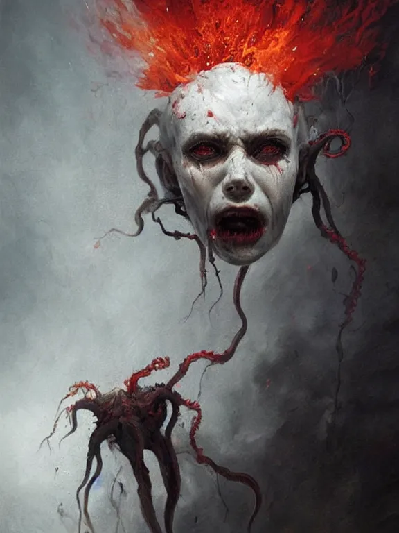 Image similar to painting by greg rutkowski of a flying sorrowful looking human head with tears running down it's eyes, face that is chalk white in color, with long white tentacles stemming from it's neck, fiery scorching red eyes, flying in a terrying hellish dark cavernous place