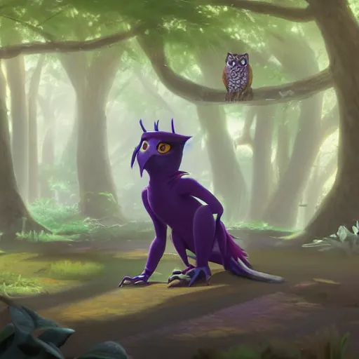 Image similar to concept art painting of an anthropomorphic purple creature with reptile and owl features, in the deep forest, realistic, detailed, cel shaded, in the style of makoto shinkai and greg rutkowski and james gurney