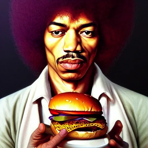 Prompt: portrait of Jimi Hendrix eating hamburgers, extra onions and ketchup, luscious patty with sesame seeds, feminine ethereal, handsome, D&D, fantasy, intricate, elegant, highly detailed, digital painting, artstation, concept art, matte, sharp focus, illustration, art by Artgerm and Greg Rutkowski and Alphonse Mucha