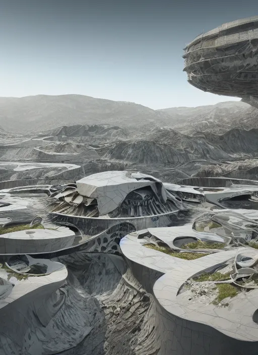 Image similar to bioremediation white mining tailing futuristic architecture in chuquicamata, epic, cinematic, hyperealistic, high detailed, corona render, hdr, ray tracing