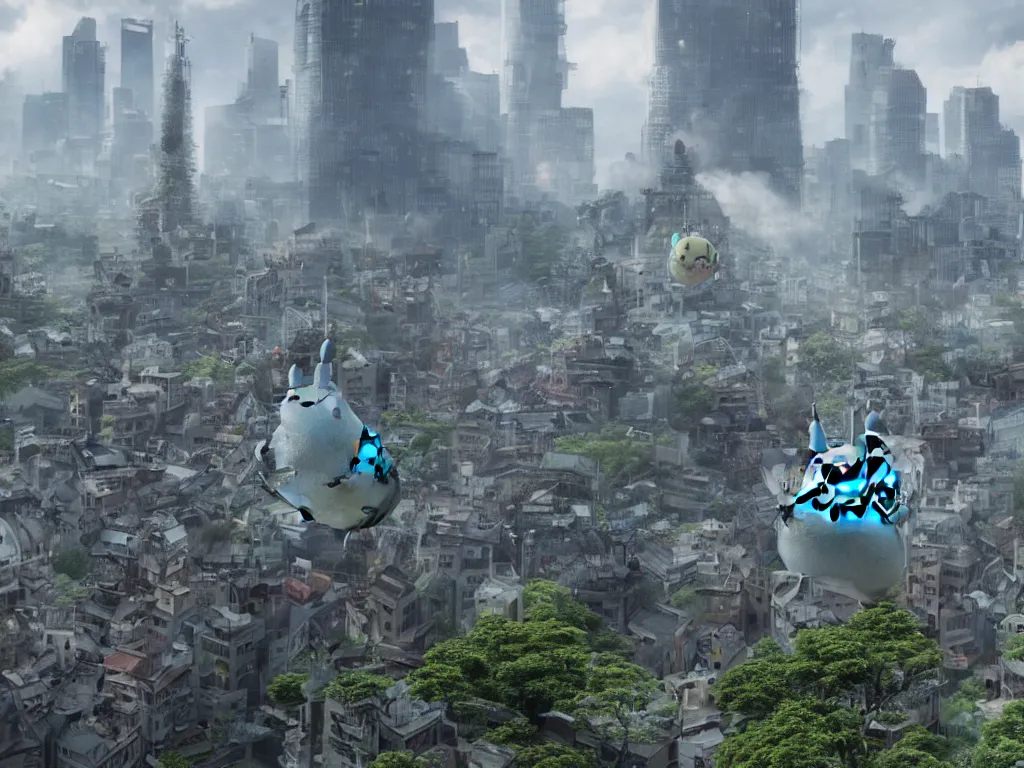 Image similar to Giant Totoro Kaiju towering over a city as people run away, photo realistic, movie still, 4k, 8k, action film