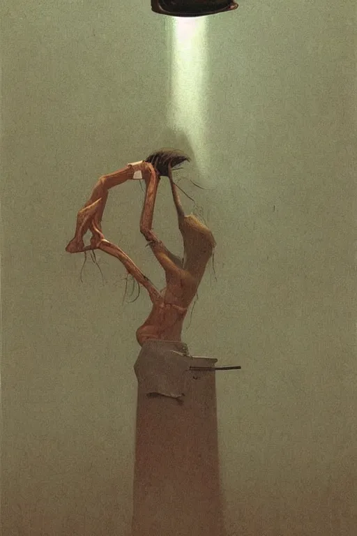 Image similar to a woman wearing a trash bin through her head to catch a trash Edward Hopper and James Gilleard, Zdzislaw Beksinski highly detailed